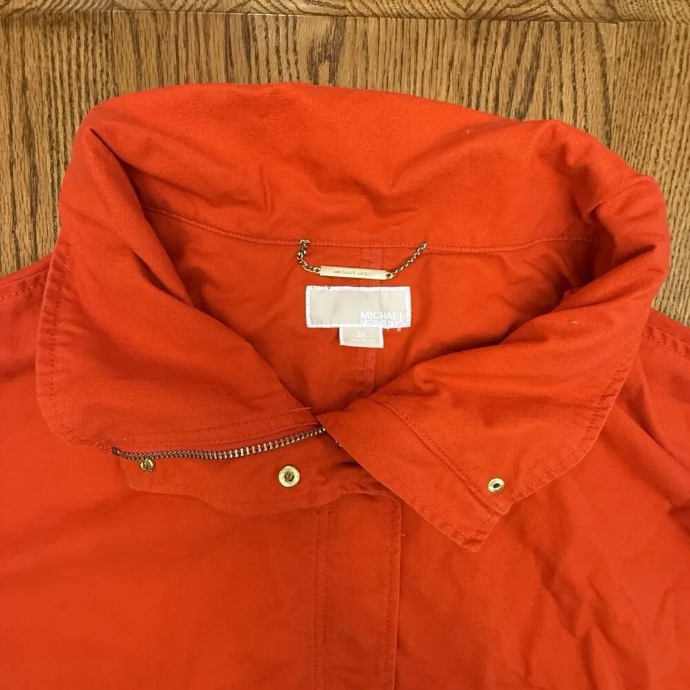 Michael Kors Womens Cropped Canvas Jacket 3X Bright Orange Zip Front Cotton